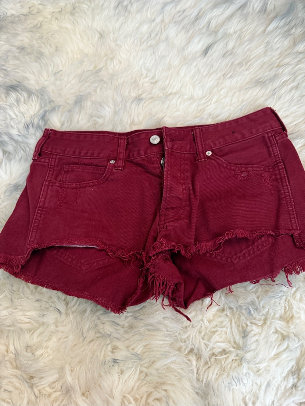 Abercrombie & Fitch Burgundy Frayed Denim Shorts